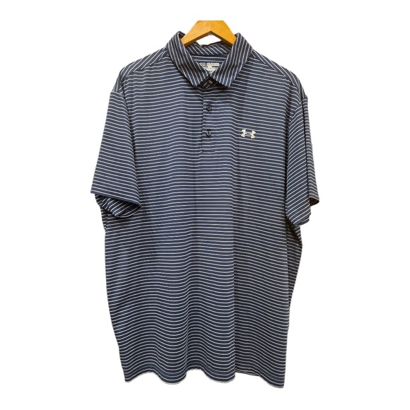 Men’s Under Armour Loose Heat Gear Polo 2XL Navy and White Stripe Dry Fit